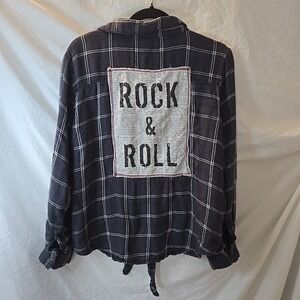 Vintage Havana Upcycled Button-Up Shirt W/front Tie "ROCK & ROLL" Back Patch M